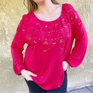 INC International Concepts red sequin embroidered off shoulder blouse top Sz XL